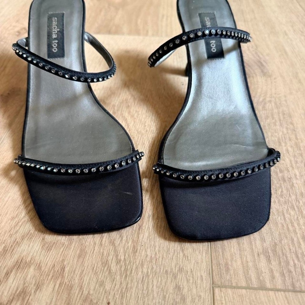 Black Rhinestone Square Toe Mule Heels Y2K Strappy Satin Heels 8.5